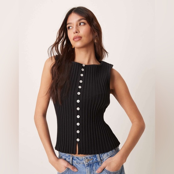 Free People‎ TILLY Black Ribbed Button Up Vest NWT Size L - Picture 2 of 3